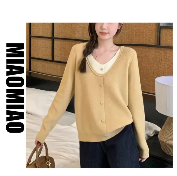 【大码】5048慵懒风假两件长袖针织毛衣胖mm新款秋冬宽松显瘦上衣