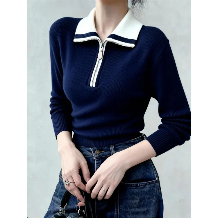 2025年冬季新款今年流行爆款半拉链藏蓝色毛衣女翻领小个子打底衫