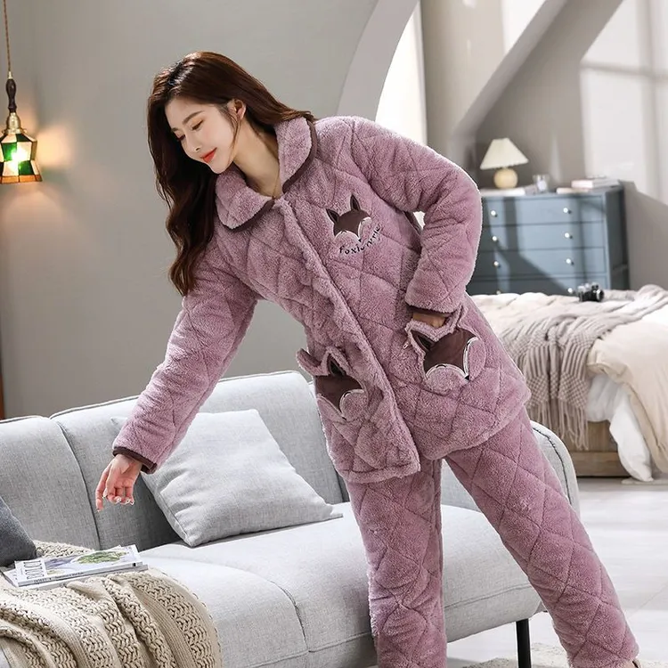 睡衣女冬季珊瑚绒加厚加绒三层夹棉超厚拉链可外穿冬天家居服套装