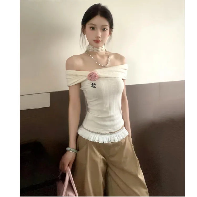 MARIE.COCO设计感一字肩短袖T恤减龄温柔风修身上衣宽松休闲长裤