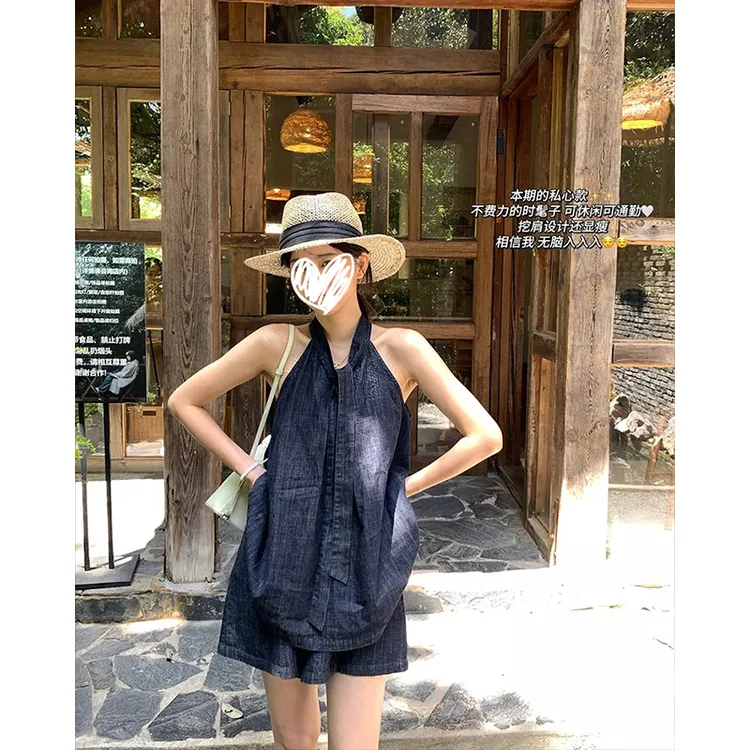 老钱风女装夏季小个子小众吊带牛仔挂脖背心上衣阔腿短裤时尚套装