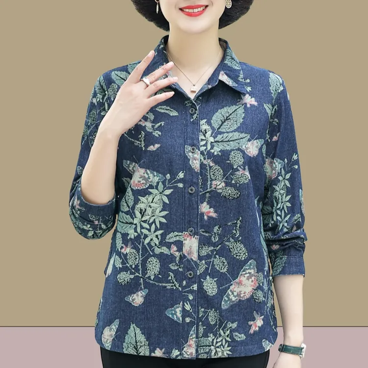 纯棉牛仔衬衫外套女中老年人春秋装新款长袖上衣妈妈宽松全棉衬衣