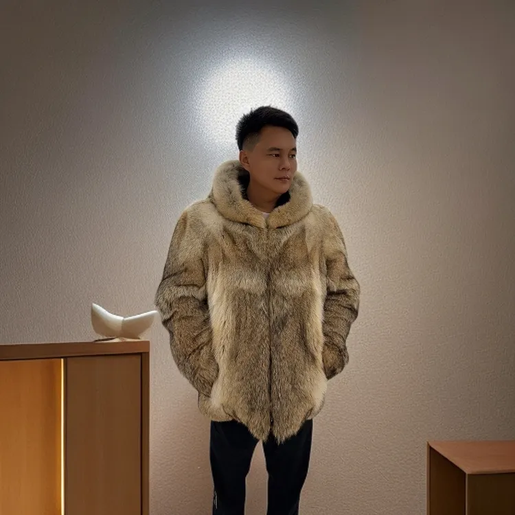 男装裘皮时尚另类野性霸气长毛皮草抗寒保暖连帽外套