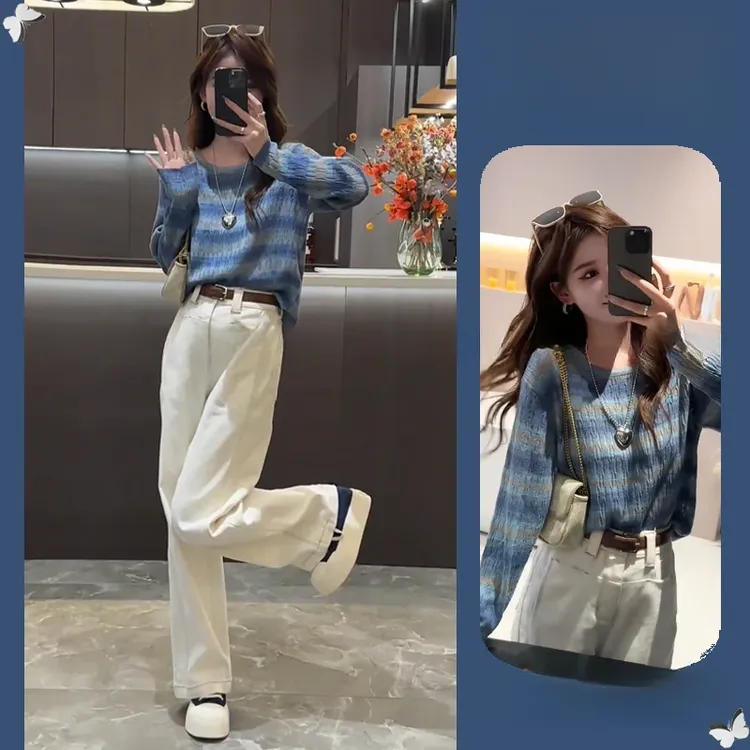 早秋搭配一整套2025新款条纹针织衫牛仔阔腿裤两件套时尚减龄套装