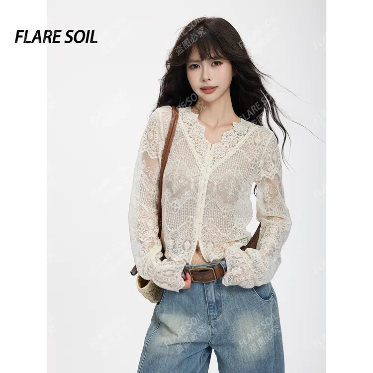 //蕾丝长袖纯色薄款衬衫法式上衣小衫百搭女装T419A