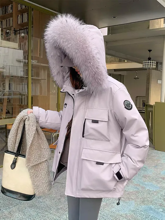 淡紫色工装派克棉服加厚冬季韩版保暖大毛领学生宽松型加厚显瘦