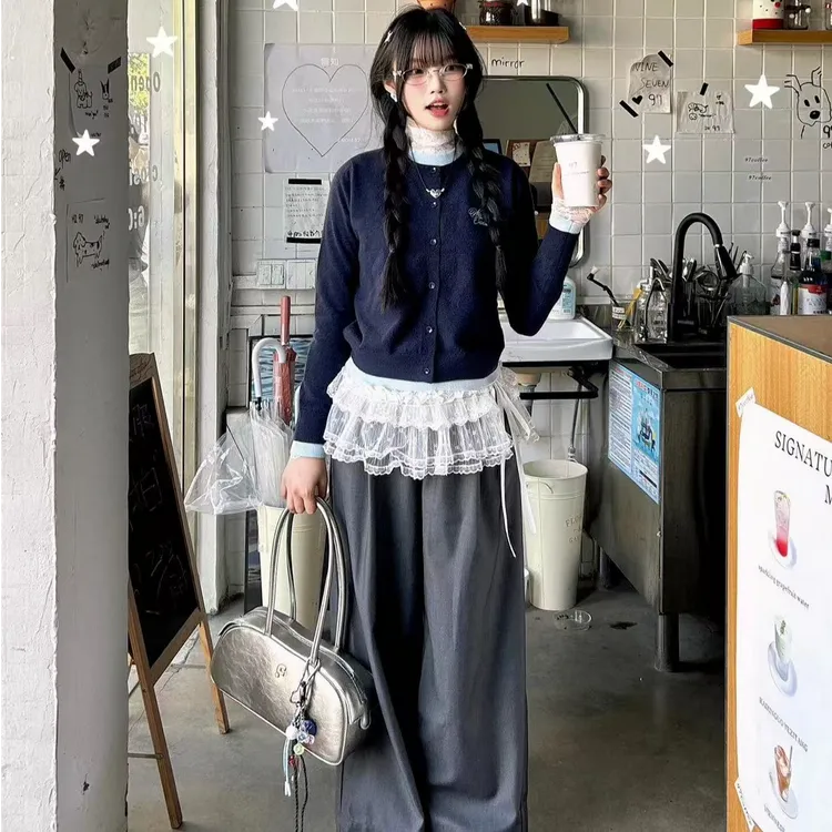 春夏款韩系洋气舒适通勤假两件上衣设计感屁帘显瘦显身材休闲长裤