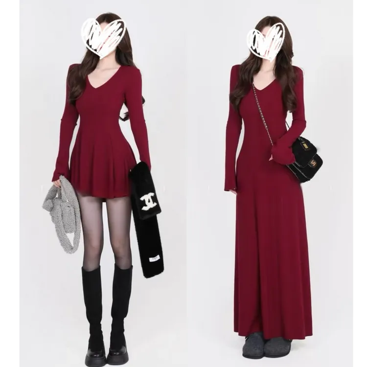 元旦新年必备显瘦修身A字V领长袖套头连衣裙针织打底秋冬#9816