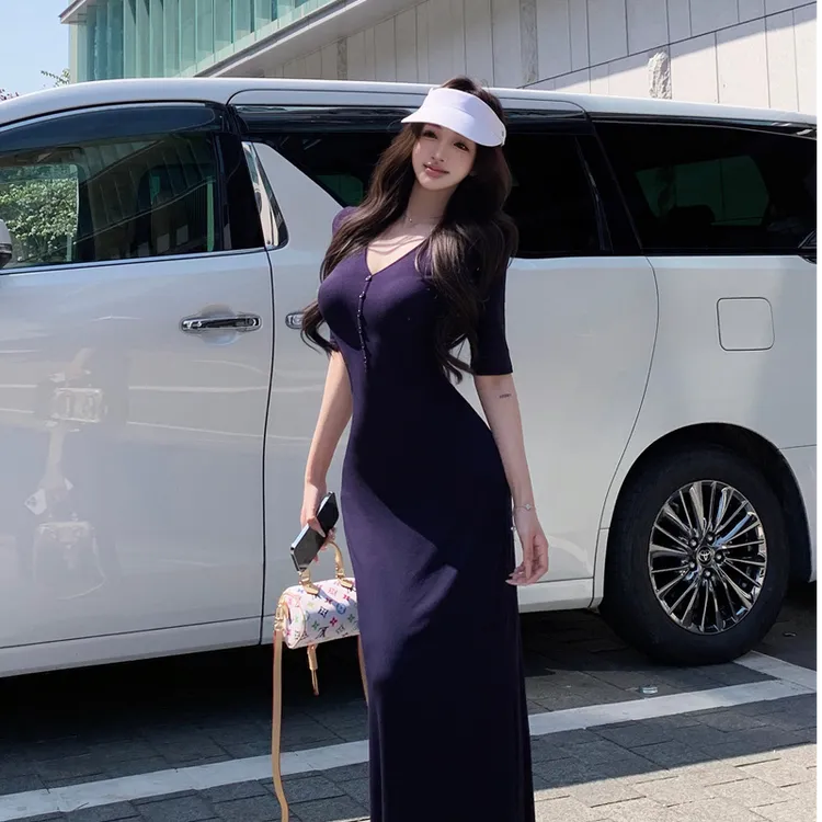 藏蓝色V领韩系时尚中袖连衣裙气质修身收腰包臀长裙