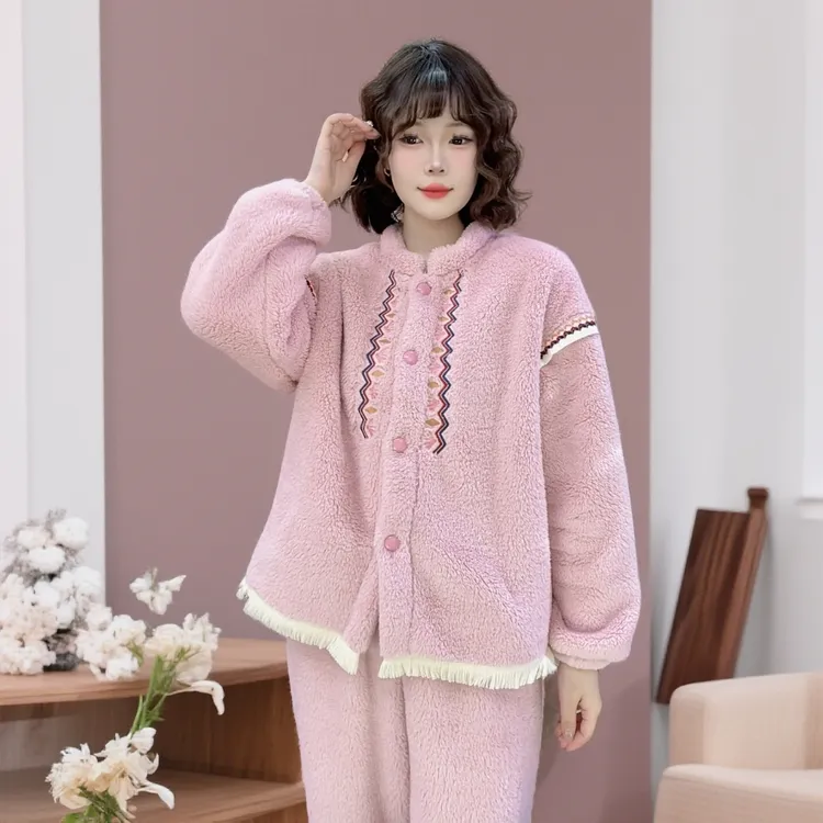 【瑜妹妹】新款国风刺绣立领-秋冬季加厚加绒保暖女睡衣家居服套装