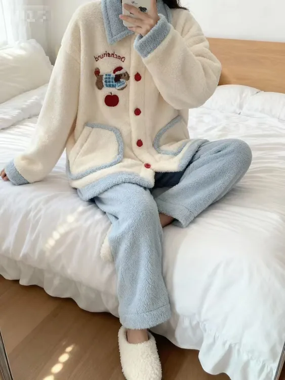 公主风珊瑚绒睡衣女春秋冬季可爱法兰绒家居服少女女孩套装