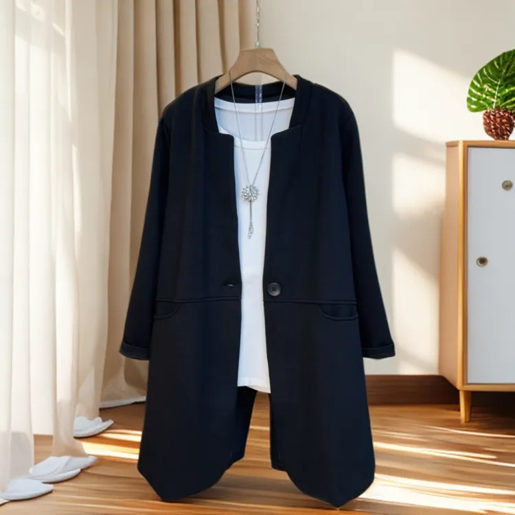 韩版大码女装中长款黑色简约长袖开衫外套胖MM显瘦百搭春秋款风衣