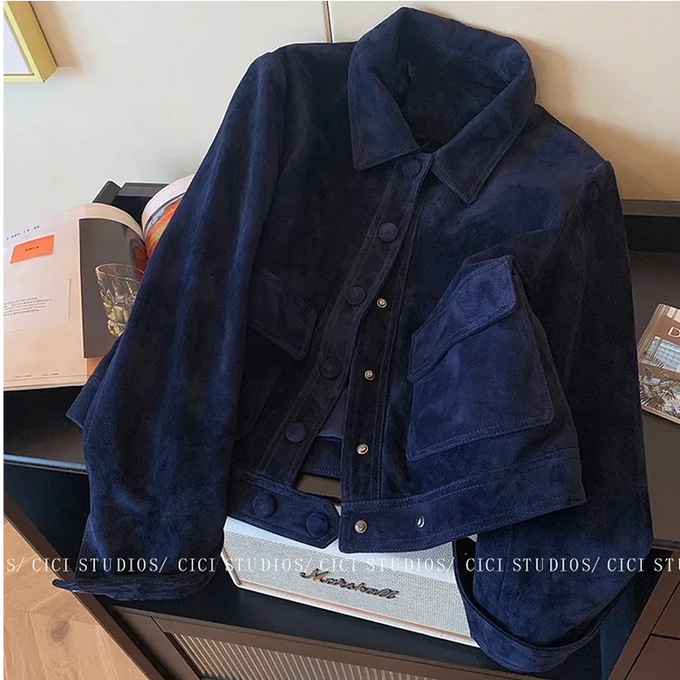 藏蓝色老钱风翻领气质短款外套女秋季2025新款高级感气质夹克上衣