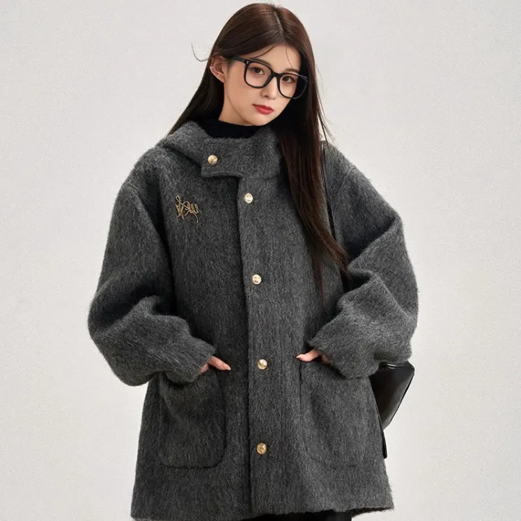 灰色呢子大衣女短款2025秋冬季高级感小个子羽绒大衣加厚毛呢外套