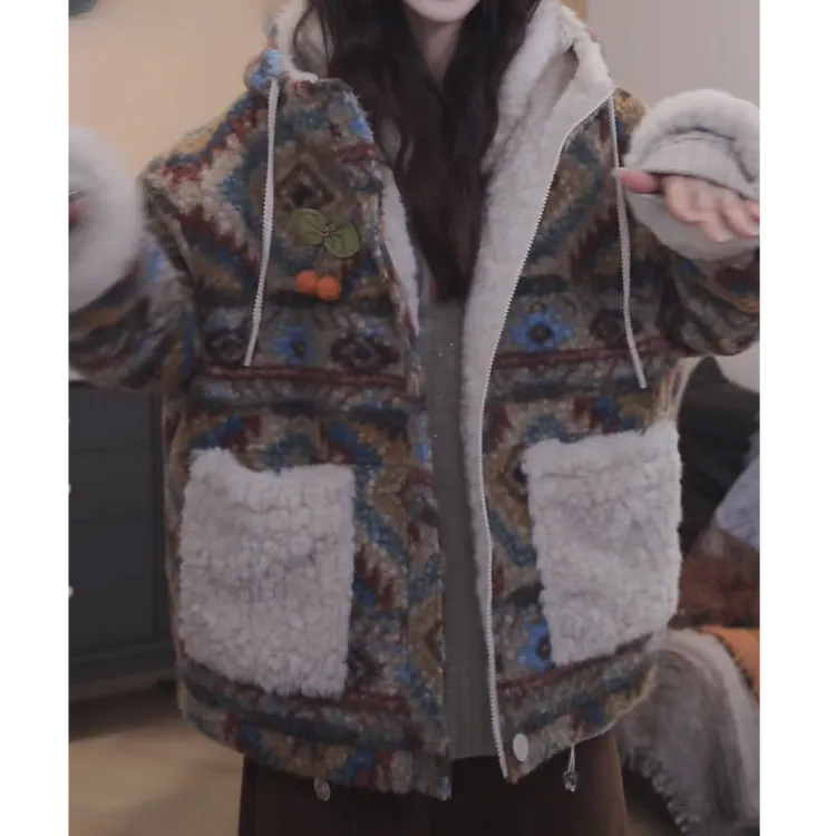 【正反两穿】复古慵懒风设计感高级时尚洋气百搭连帽厚外套+胸针