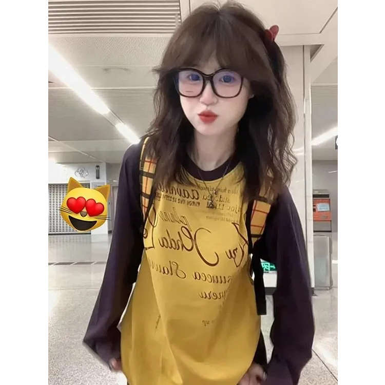 韩系复古气质字母长袖t恤女早秋拼色宽松设计显瘦休闲学院风上衣