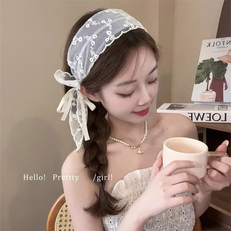 新款刺绣小花蕾丝蝴蝶结发箍女韩系百搭显脸小高颅顶宽边压发头箍
