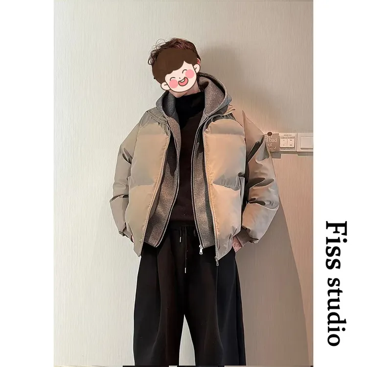 【假两件】冬季连帽PU皮双拉链加厚棉服男宽松保暖百搭棉衣短款长袖