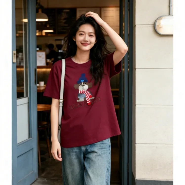 小众炸街高级感爆款女装短袖女小狗T恤女款复古人鱼T韩版圆领红色