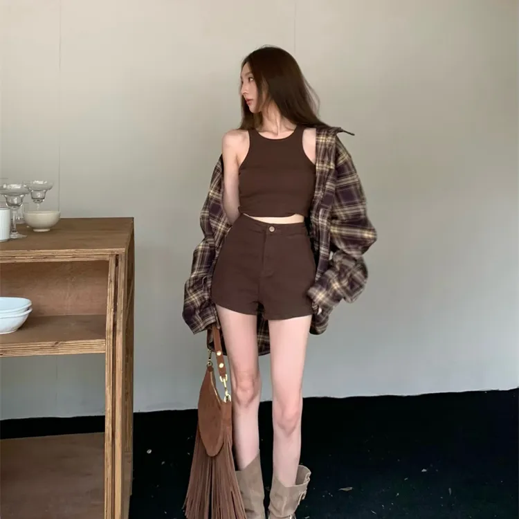 韩版复古美式慵懒格子衬衫+百搭胸棉背心+高腰短裤三件套#22251
