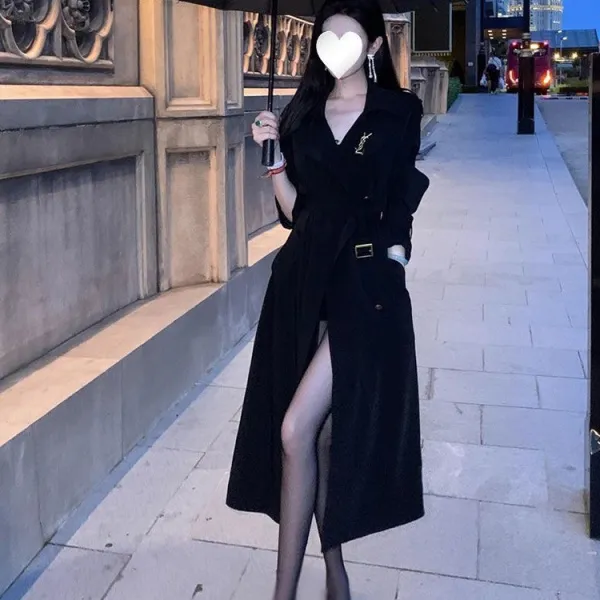 气质黑色V领风衣外套女装秋冬季新款高级感收腰绑带长款过膝大衣