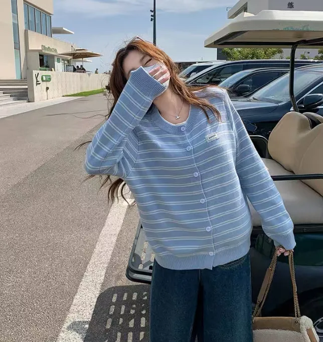 2025秋季新款大码女装韩系宽松撞色圆领上衣条纹针织衫女春秋768