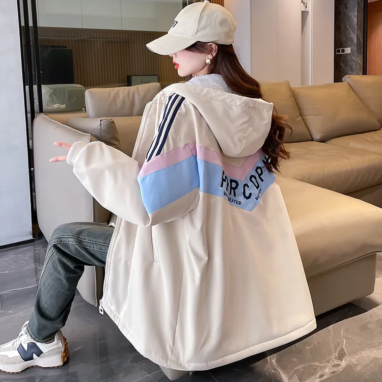 少女秋冬新款韩版宽松中长款大码风衣外套高中学生加绒加厚棉衣服