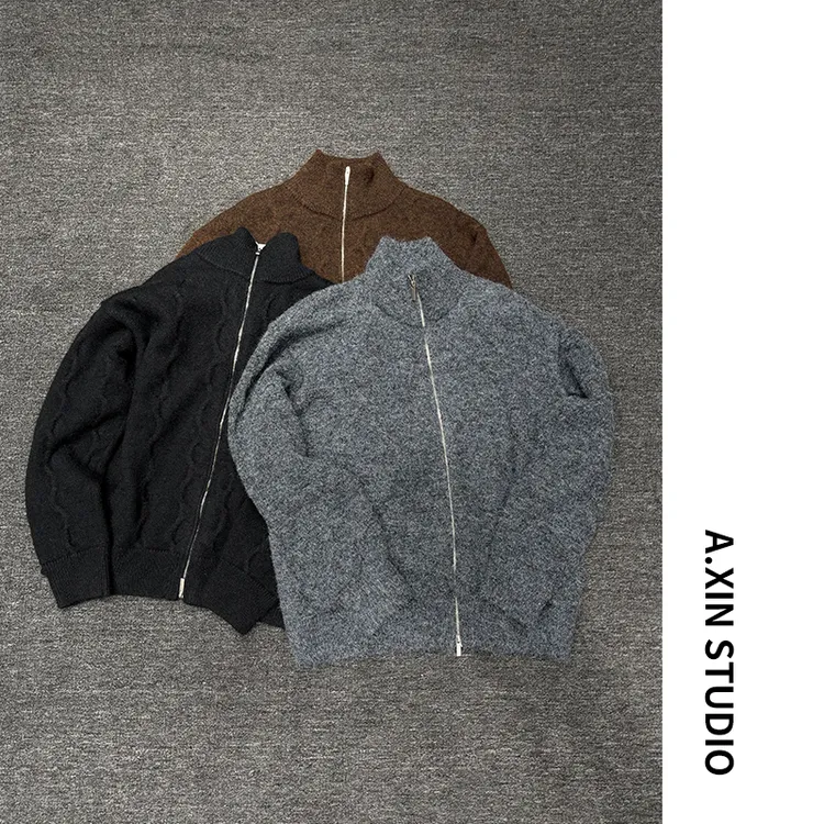 【针织毛绒开衫】冬季新款男士绵羊毛混纺双拉链毛绒感压花针织开衫