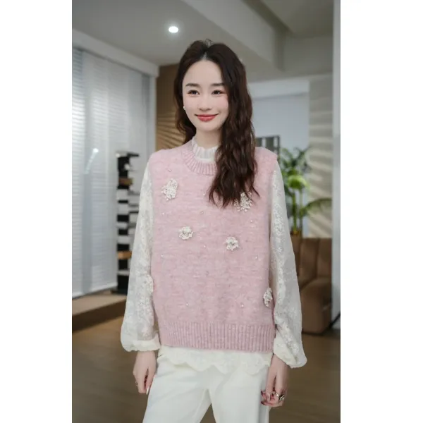 HELAAOMI “落英缤纷”两件套钉珠花朵针织衫背心蕾丝衫CY4DC31475