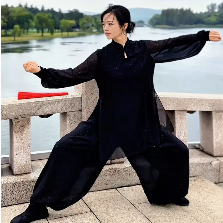 撒银太极服纱中长款 女太极服高端大气中国风表演练功服飘逸垂顺