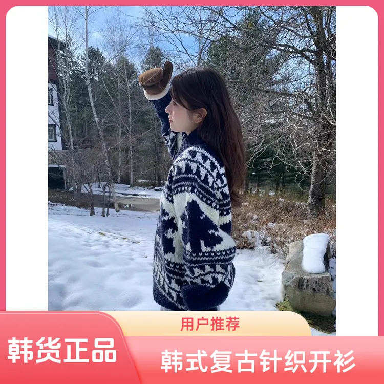 Have a nice trip冬季新款韩式东大门复古翻领针织开衫费尔岛毛衣