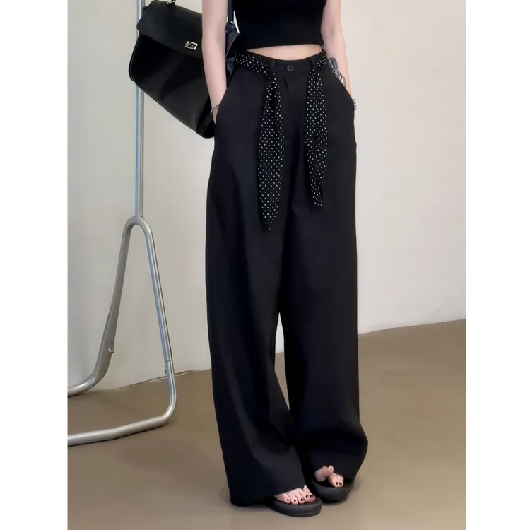 秋季新款大码显瘦遮肉黑色西装裤女胖mm宽松百搭直筒阔腿拖地裤子