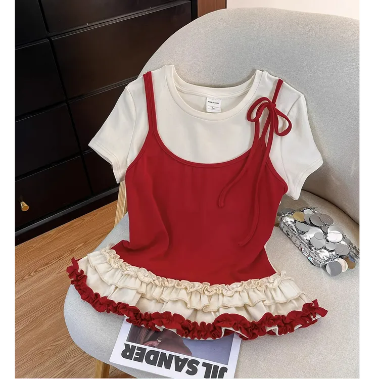 文艺范满满~夏季新款撞色拼接假两件上衣女正肩短袖小众木耳边T恤