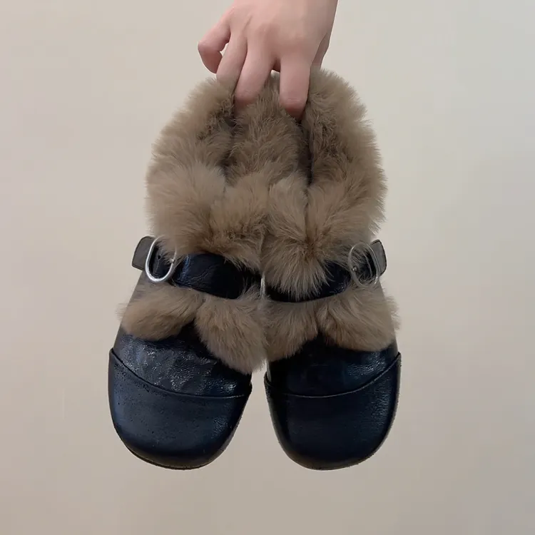 RubyL/3cm秋冬保暖复古通勤百搭皮带扣圆头粗跟加绒毛毛单鞋女款