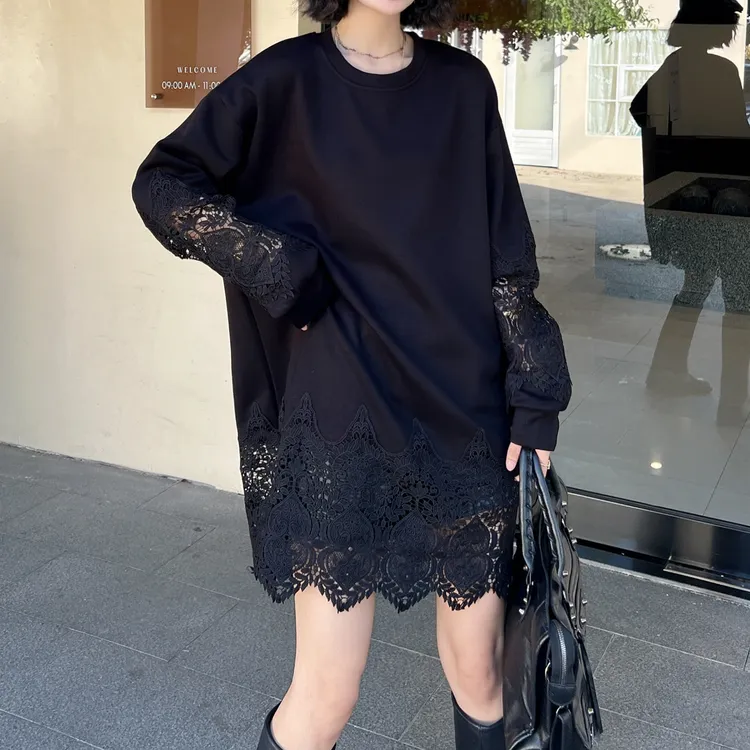 镂空袖宽松大T女 大码欧货显瘦蕾丝时尚打底拼接韩版设计感