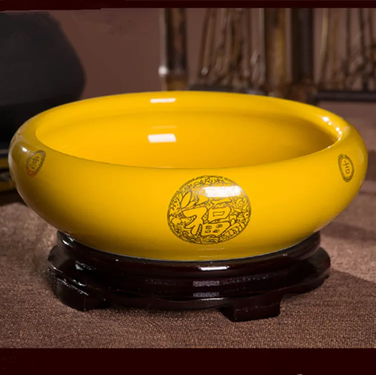 景德镇陶瓷聚宝盆黄色浅盆碗笔洗硬币零钱收纳鱼缸水仙花盆烟灰缸