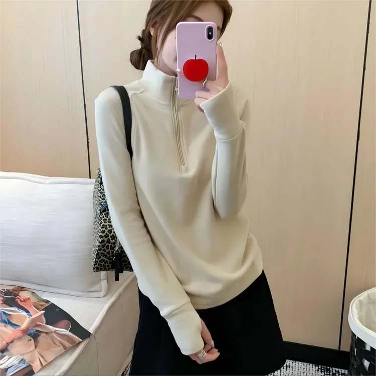 2025秋冬新款锁温双面德绒拉链打底衫修身百搭立领半拉链长袖上衣