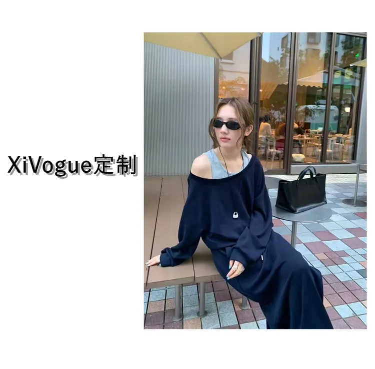 【湘湘定制】早秋新款韩版假两件简约显瘦小众设计感卫衣半身裙套装