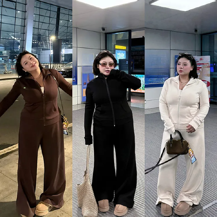 全球花【懒人出行】大码lu系加绒运动休闲风套装修身卫衣外套高腰裤