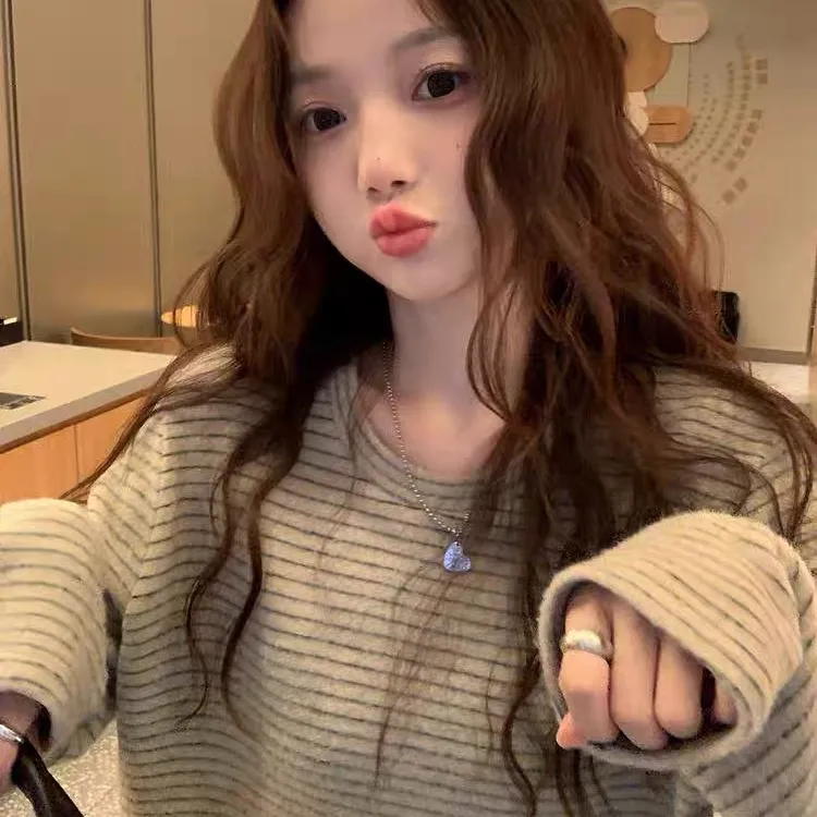 现货【运补4-5】韩系条纹T恤加厚磨毛慵懒风休闲上衣宽松T恤女装