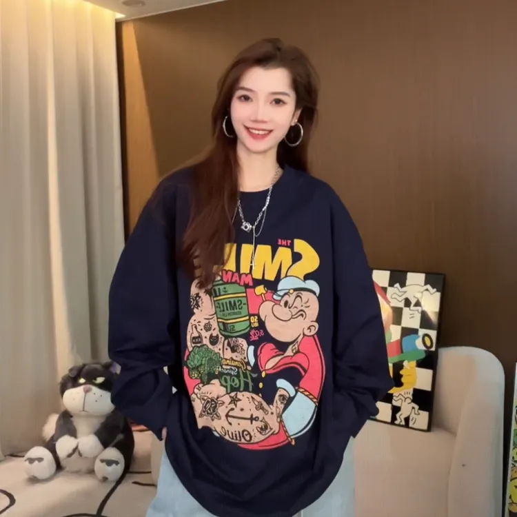 2026春季新款女休闲宽松大版大力水手印花百搭圆领长袖T恤70017