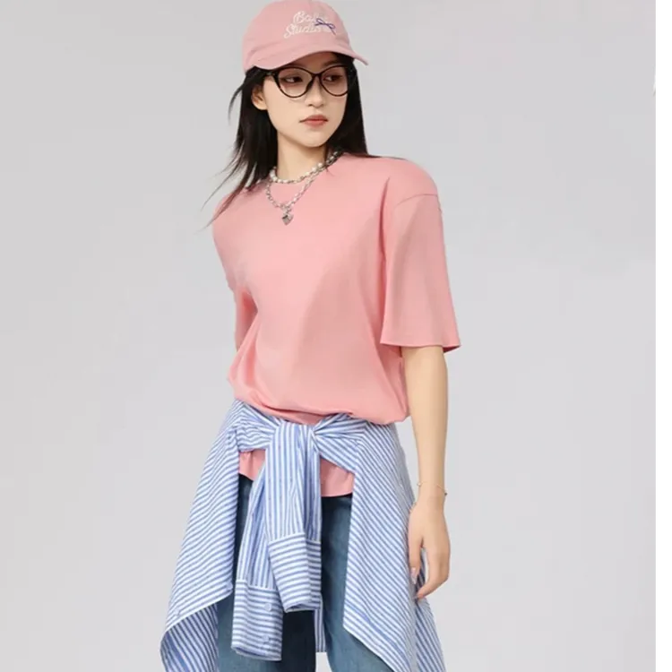 阿玛施时尚休闲半袖上衣纯色百搭显瘦圆领T恤女装5300902夏季