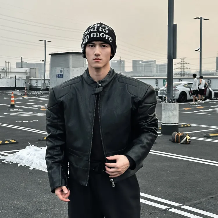 AOBOYUAN美式重工立体廓型垫肩机车夹克皮衣欧美风宽松版棉服外套