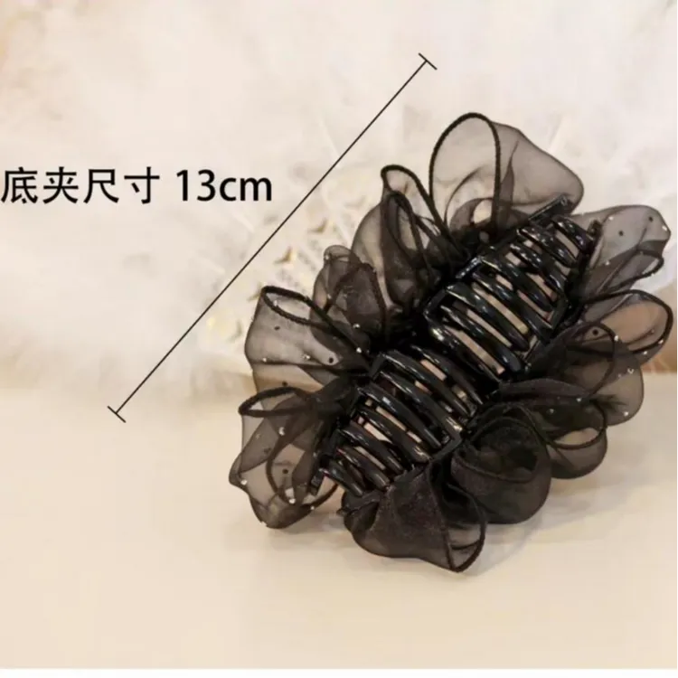 云朵泡泡网纱抓夹女2025新款高级感大号羽毛鲨鱼夹子头饰发夹头花