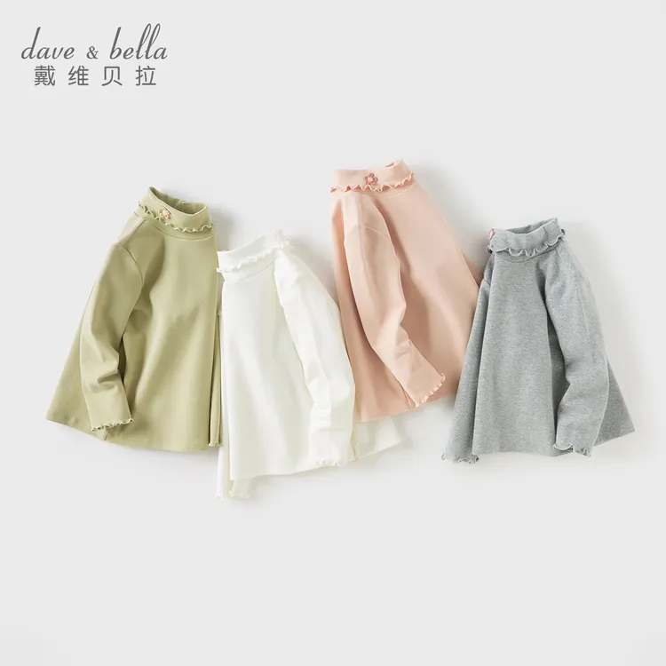 戴维贝拉儿童长袖T恤2025秋装新款女童洋气高领花边上衣打底衫