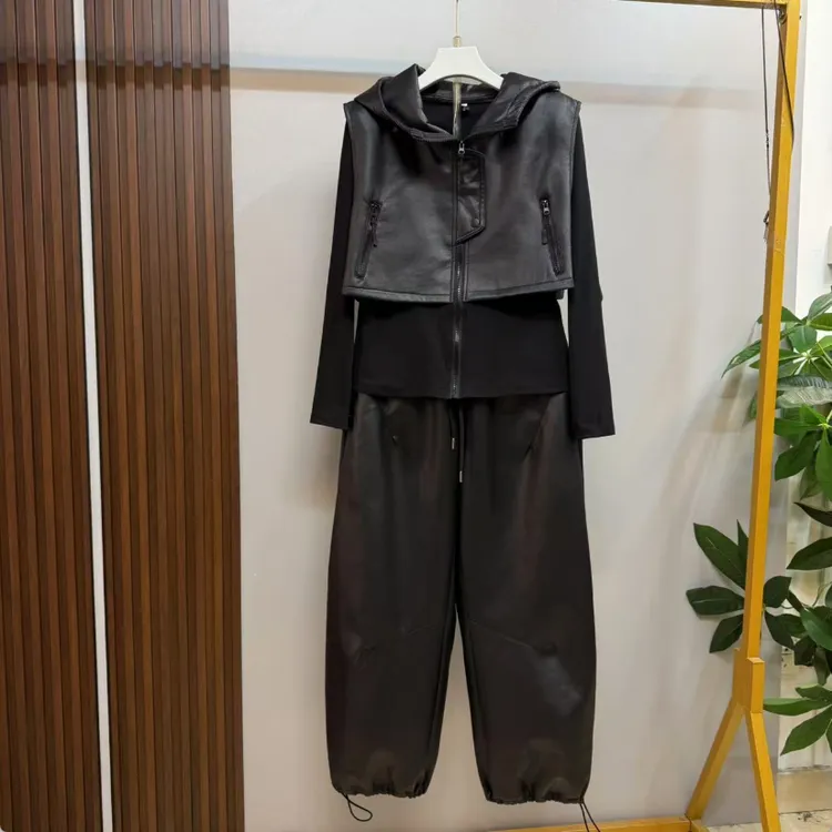 欧货大码新款时尚洋气复古假两件连帽上衣十裤子两件套
