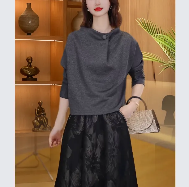 灰色立领长袖T恤女2025秋季新款韩系百搭显瘦洋气舒适大码上衣潮