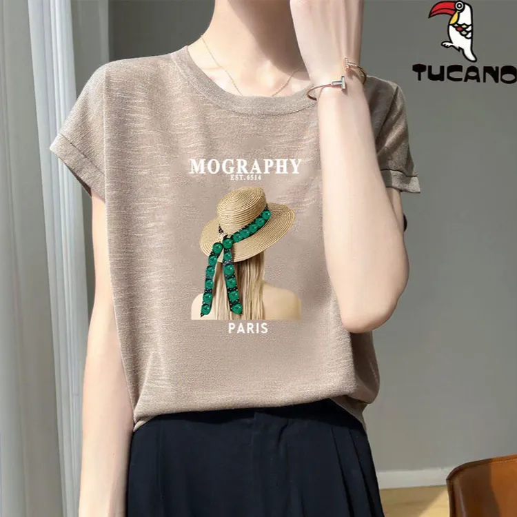 啄木鸟2025夏季新款雪花棉设计感圆领上衣女正肩大码薄款透气T恤