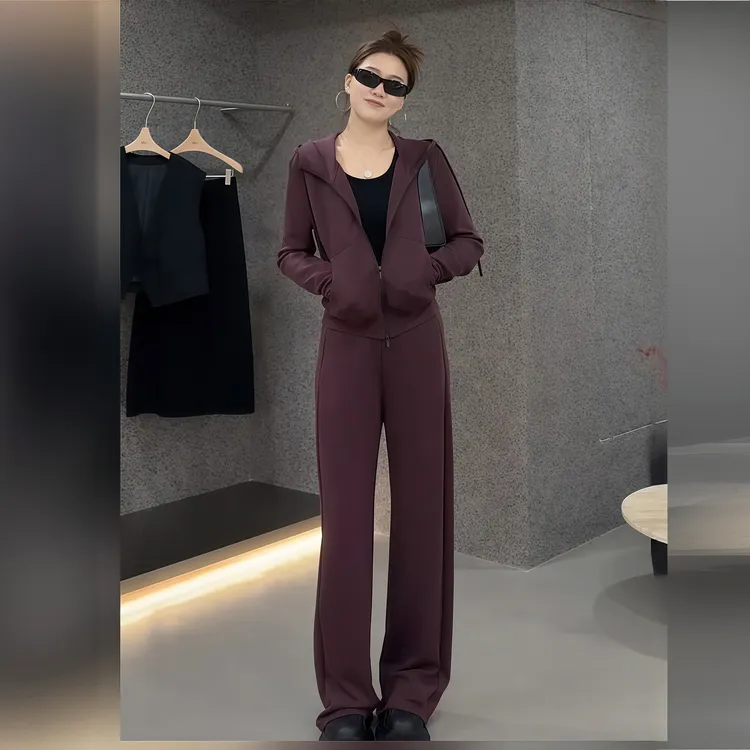 休闲运动套装女秋季2025年新款简约气质连帽卫衣直筒阔腿裤两件套