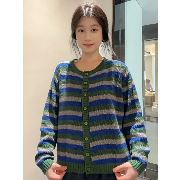 2025秋冬新款长袖条纹女宽松圆领针织毛针织衫秋冬毛衣百搭女装